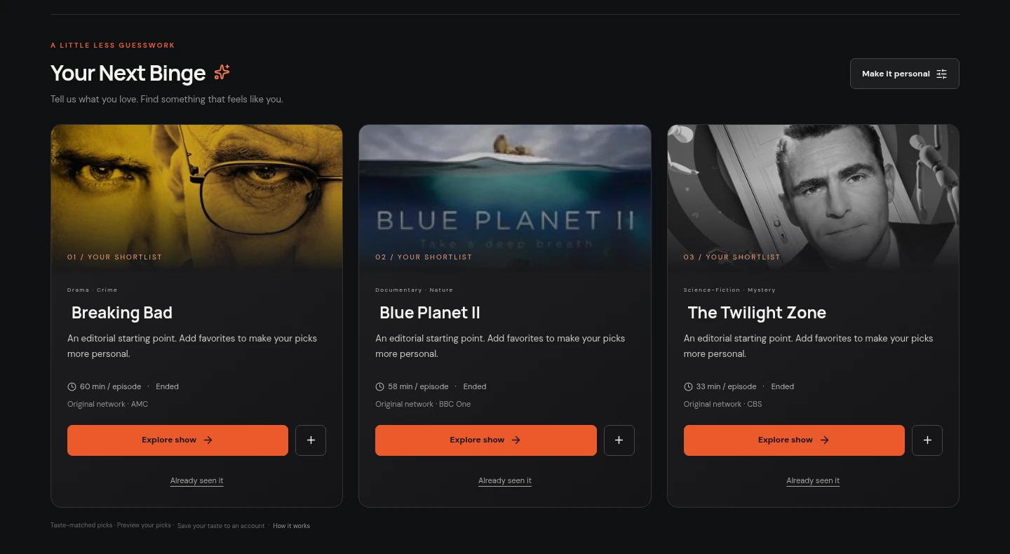 Actual Just Binge discovery screen with television posters and recommendations