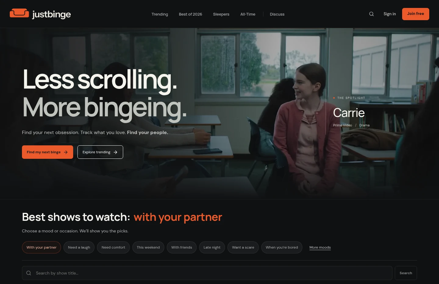 Just Binge homepage with original branding and television artwork