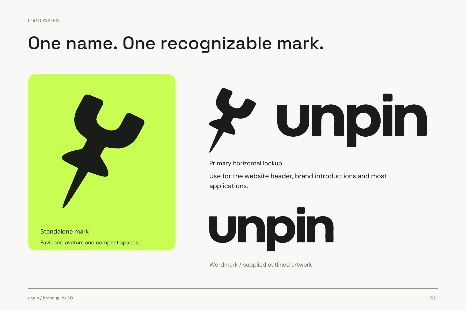 Unpin identity system showing the U thumbtack mark and horizontal logo
