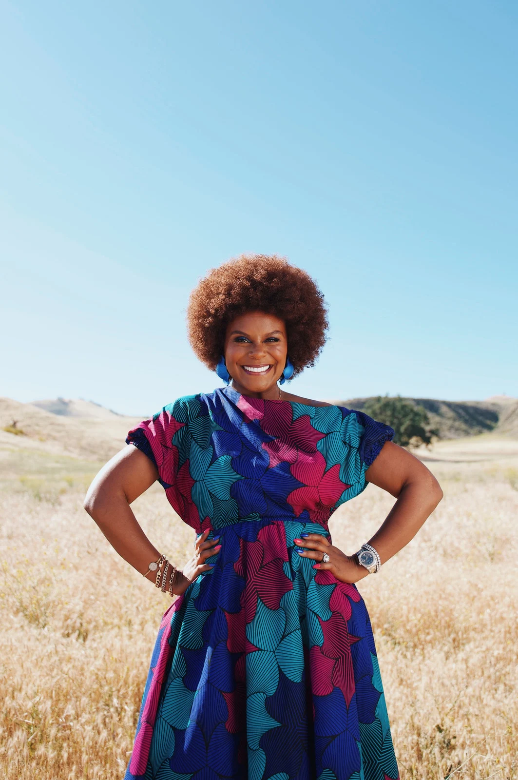 A woman in a colorful dress